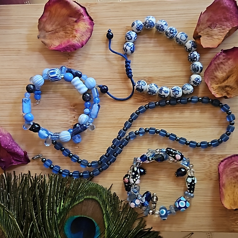 Blue beaded bohemian bracelet and blue beaded necklace jewelry collection